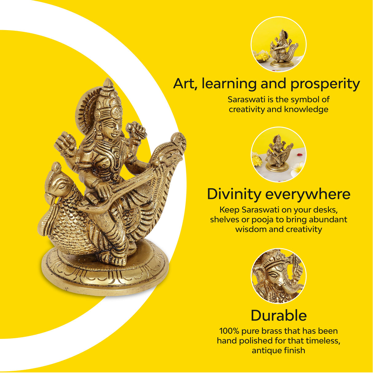 Ma Saraswati Brass Idol | 100% Pure Brass | Antique Finish