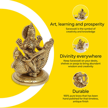 Ma Saraswati Brass Idol | 100% Pure Brass | Antique Finish