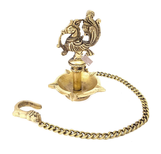Ethnic Handmade Peacock Design 5 Oil Wick Brass Hanging Diya