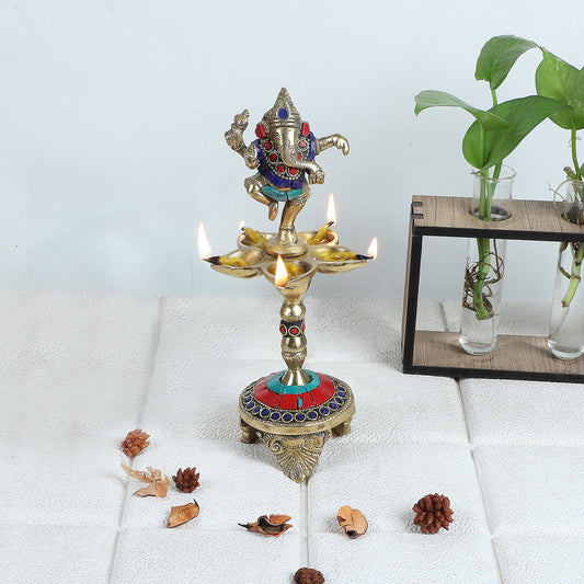 Gemstone Work Dancing Ganesha Over Ethnic Legs Five Oil Wick Brass Diya