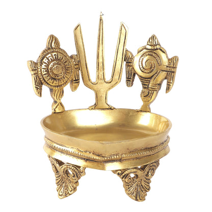 Shankh Chakra Namah Design Brass Diya Over Carved Legs