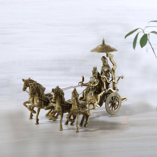 Brass Krishna Arjuna Rath Showpiece | Mahabharat Krishna Arjuna Rath Chariot with 4 Horses