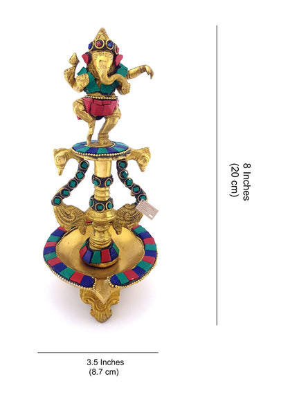 Dancing Ganesha Gemstone Work Brass Oil Diya