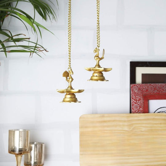 Brass Peacock Carved Hanging Diya Set