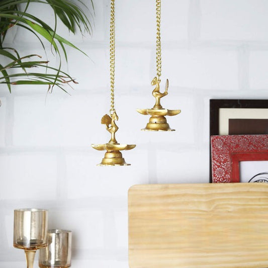 Brass Peacock Carved Hanging Diya Set