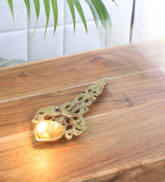 Twin Peacock Design Round Brass Pooja Aarti Spoon