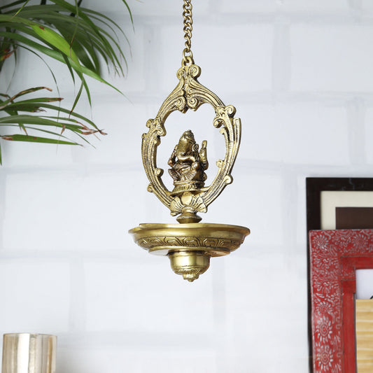 Brass Handmade Ganesha Design Oil Wick Hanging Diya, Diyas for Home Decor