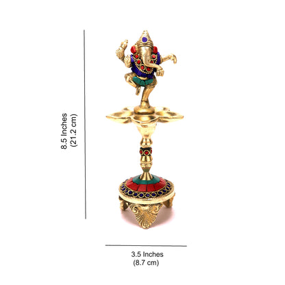 Gemstone Work Dancing Ganesha Over Ethnic Legs Five Oil Wick Brass Diya