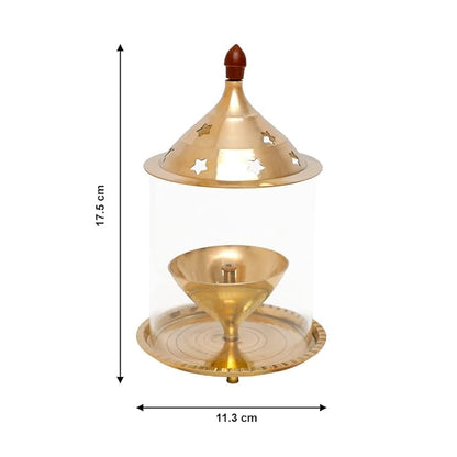 Akhand Jyot Aaradhya Brass Pooja Diya with Borosilicate Glass Cover | Medium Size (6.8 Inch Height)