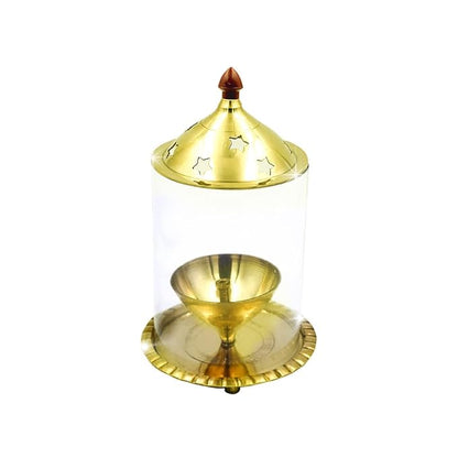 Brass Akhand Diya Oil Lamp with Glass Cover | Small (5.5 Inch Height)