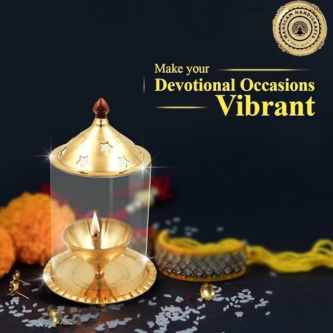 Brass Akhand Diya Oil Lamp with Glass Cover | Small (5.5 Inch Height)