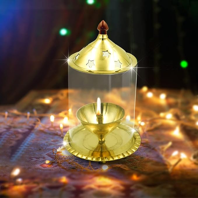 Brass Akhand Diya Oil Lamp with Glass Cover | Small (5.5 Inch Height)