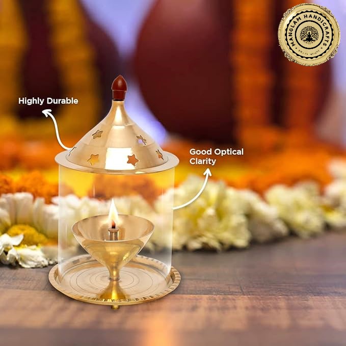 Akhand Jyot Aaradhya Brass Pooja Diya with Borosilicate Glass Cover | Medium Size (6.8 Inch Height)