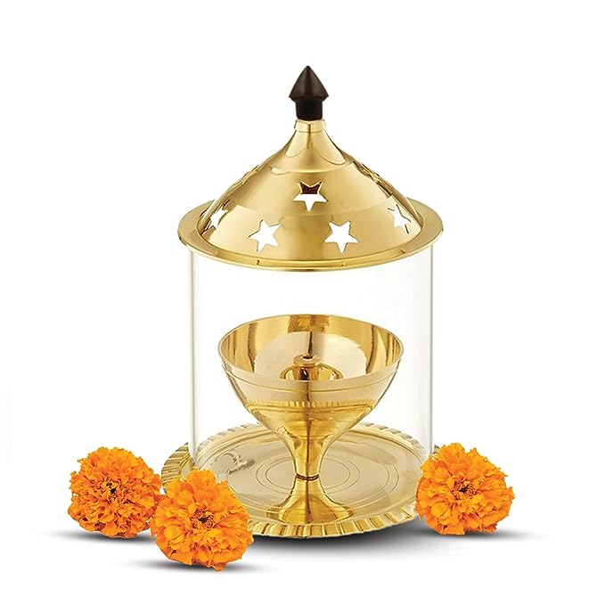 Akhand Jyot Aaradhya Brass Pooja Diya with Borosilicate Glass Cover | Medium Size (6.8 Inch Height)