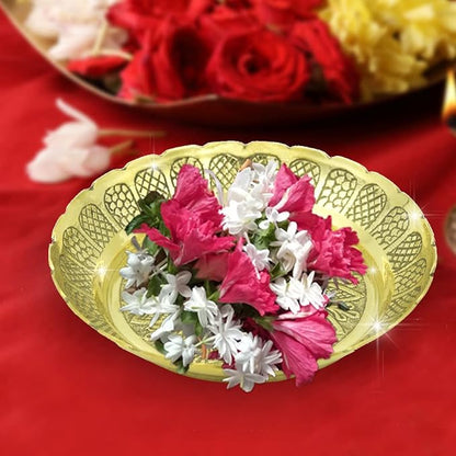 Brass Puja Thali with Flower Embossed Design Bhog Plate