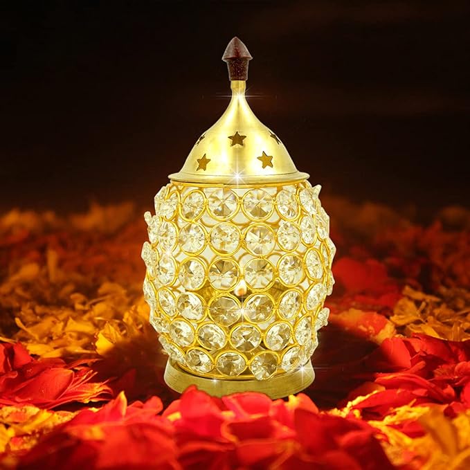 Brass Akhand Brahmand Crystal Diya | Large Size