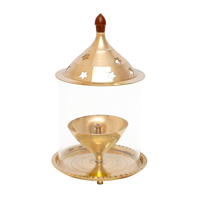 Brass Akhand Jyot Aaradhya Diya with Borosilicate Glass - Large