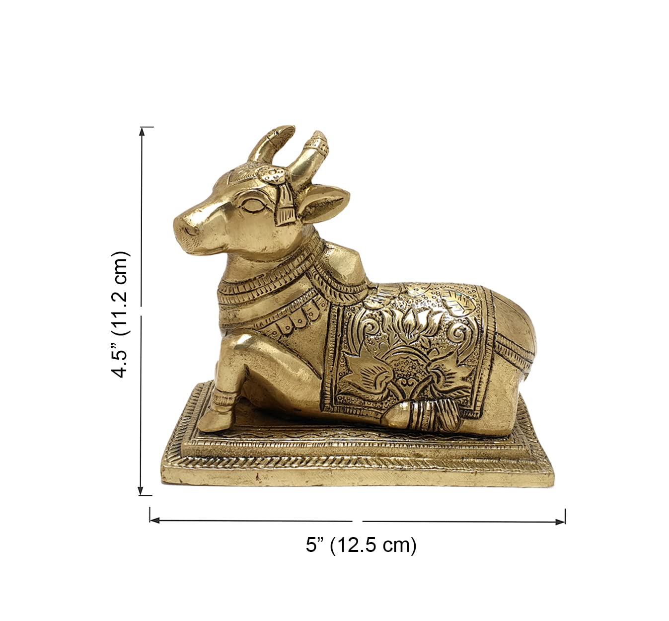 Lotus Engraved 5 Inches Brass Nandi Cow Over Base Statue