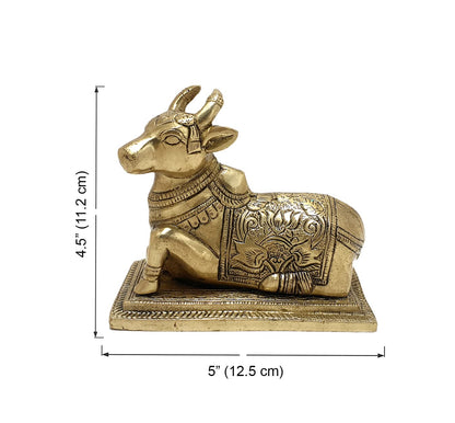 Lotus Engraved 5 Inches Brass Nandi Cow Over Base Statue