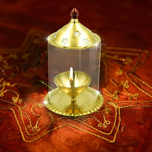 Brass Akhand Diya Oil Lamp with Glass Cover | Small (5.5 Inch Height)