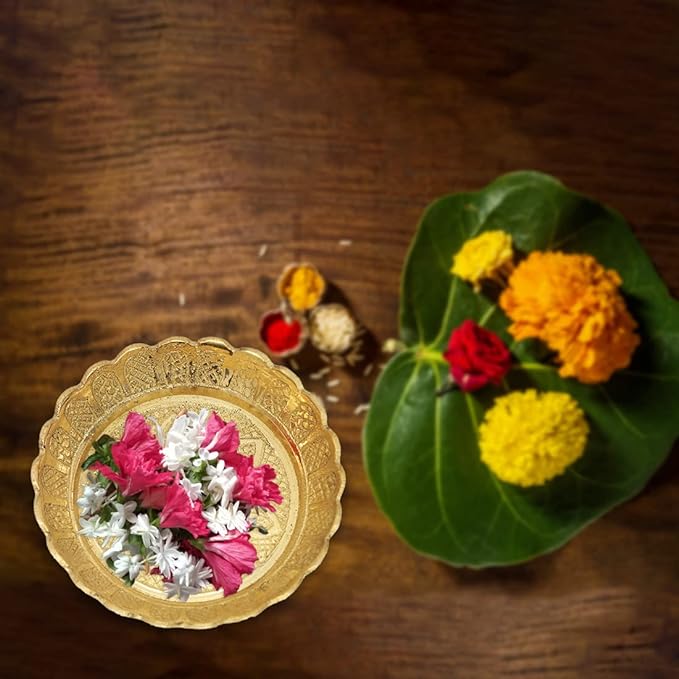 Brass Puja Thali with Flower Embossed Design Bhog Plate