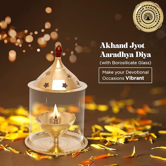 Akhand Jyot Aaradhya Brass Pooja Diya with Borosilicate Glass Cover | Medium Size (6.8 Inch Height)