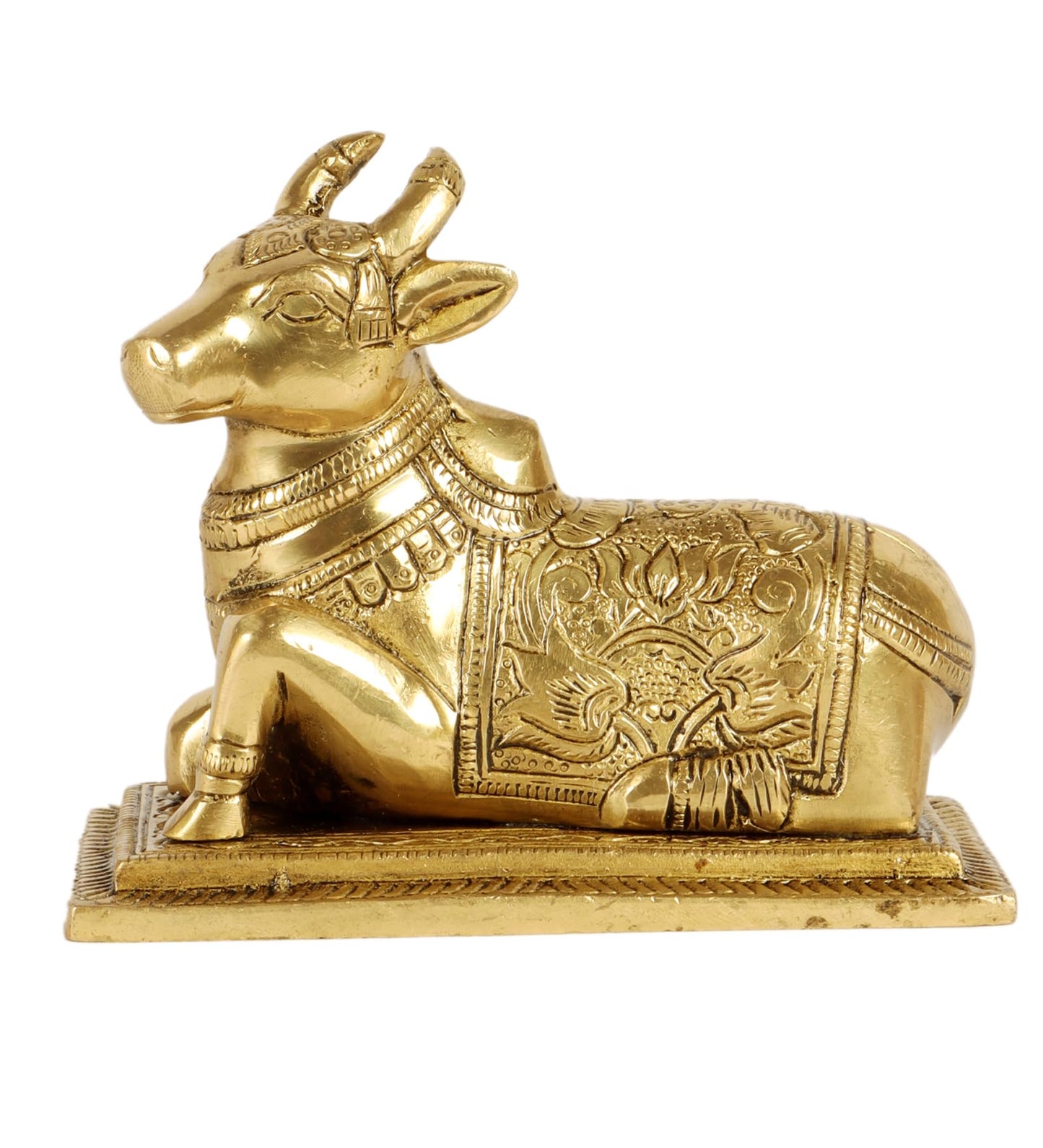 Lotus Engraved 5 Inches Brass Nandi Cow Over Base Statue