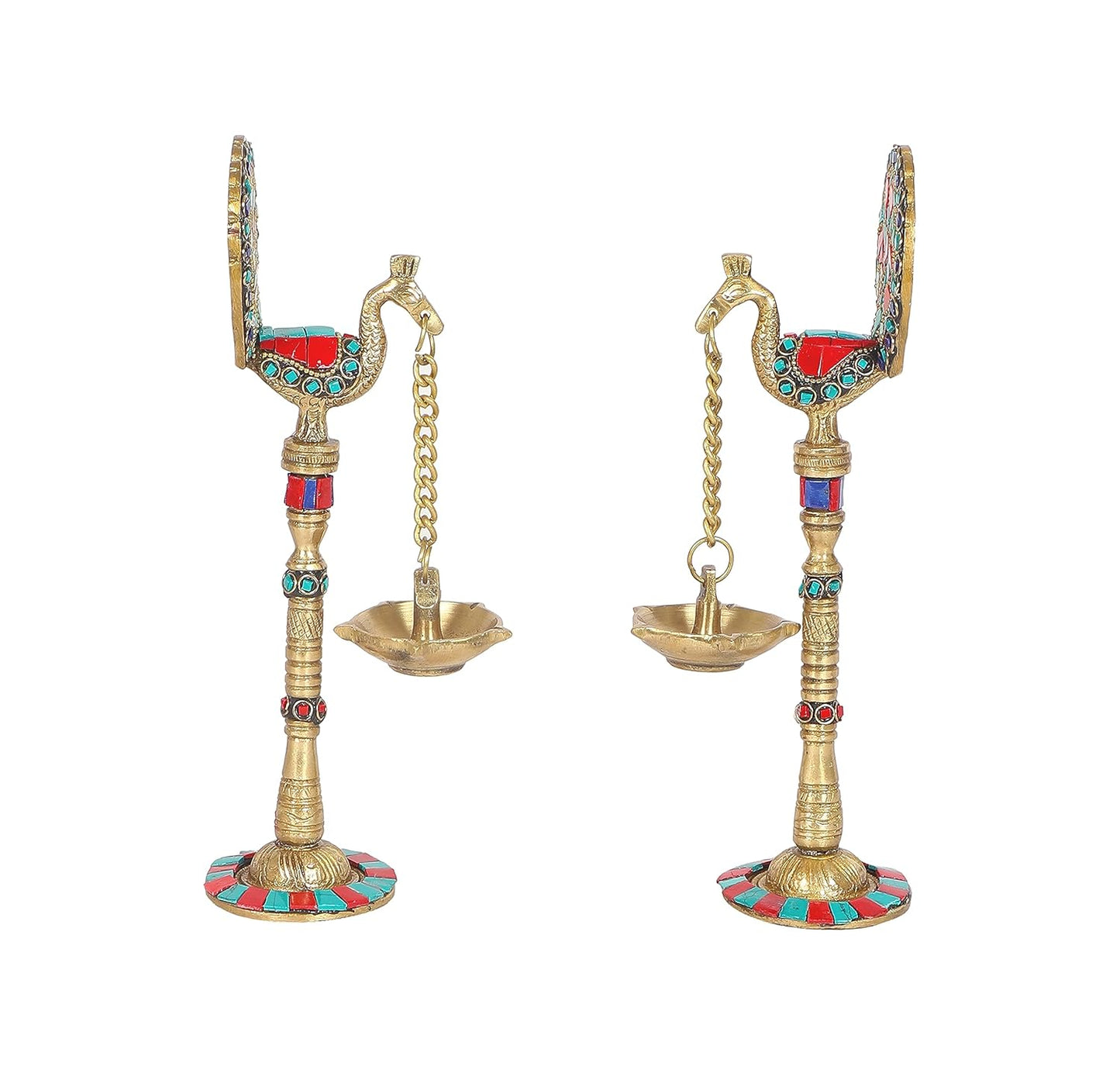 Gemstone Work Peacock Design 9 Inches Brass Hanging Diya Pair