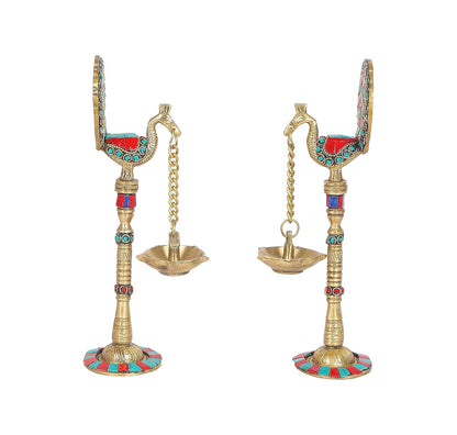 Gemstone Work Peacock Design 9 Inches Brass Hanging Diya Pair