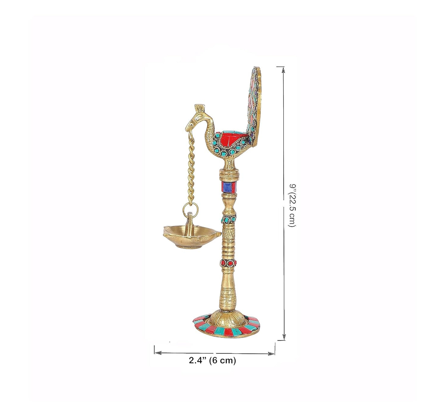 Gemstone Work Peacock Design 9 Inches Brass Hanging Diya Pair