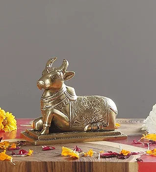Lotus Engraved 5 Inches Brass Nandi Cow Over Base Statue