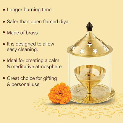 Akhand Jyot Aaradhya Brass Pooja Diya with Borosilicate Glass Cover | Medium Size (6.8 Inch Height)