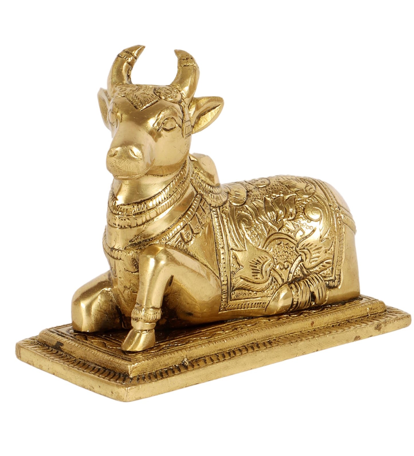 Lotus Engraved 5 Inches Brass Nandi Cow Over Base Statue