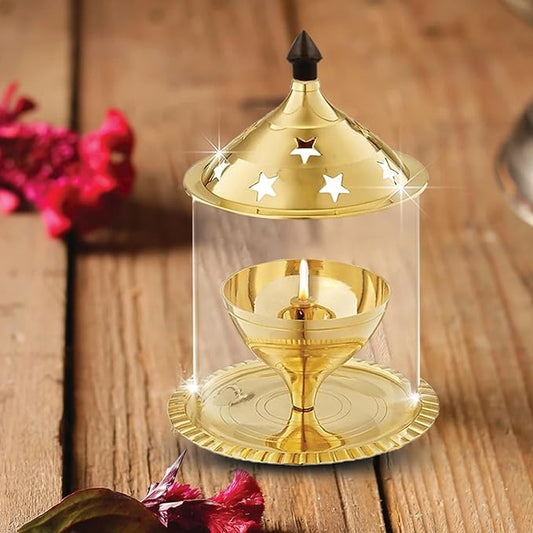 Akhand Jyot Aaradhya Brass Pooja Diya with Borosilicate Glass Cover | Medium Size (6.8 Inch Height)