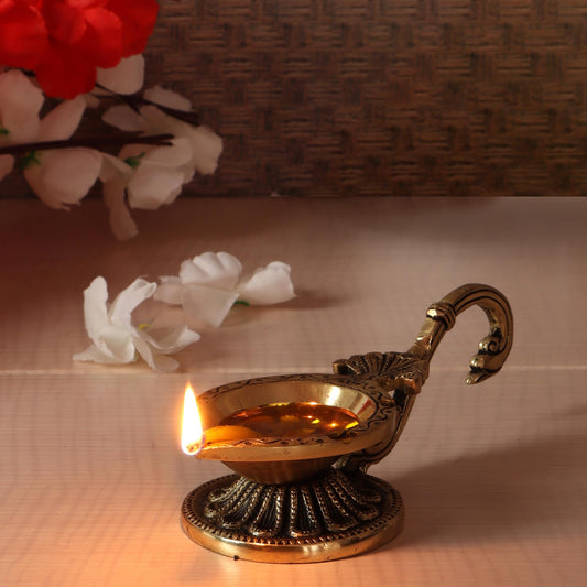 Ethnic Handcarved Brass Diya with Curved Handle