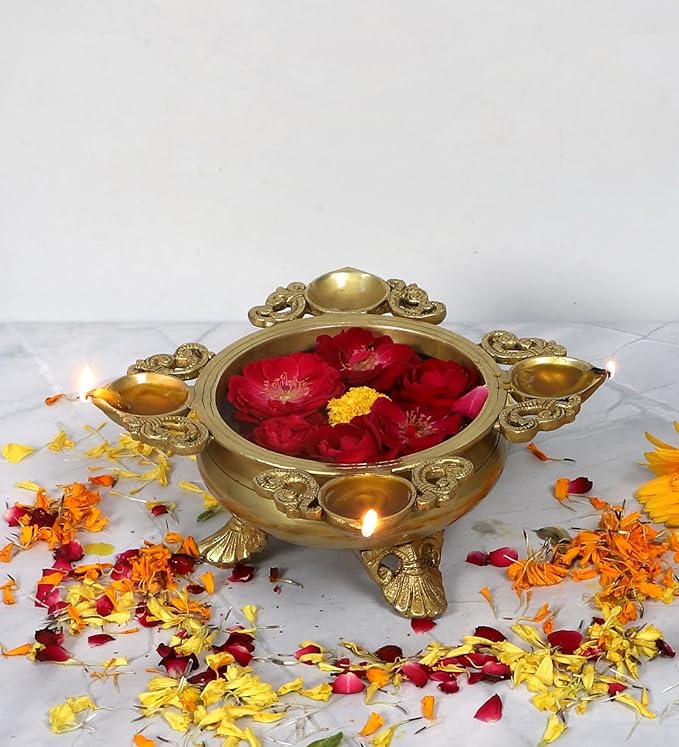 Brass Ethnic Carved Design 9.5 Inches Urli with 4 Diyas