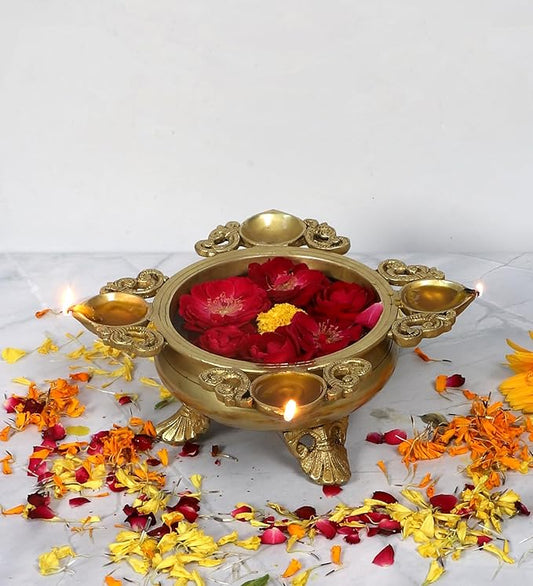 Brass Ethnic Carved Design 9.5 Inches Urli with 4 Diyas