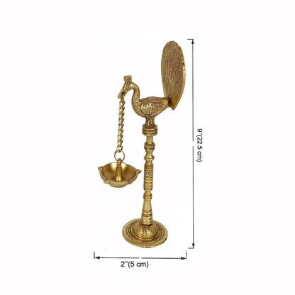 Brass Peacock Design 9 Inches Hanging Diya Pair, Antique Yellow
