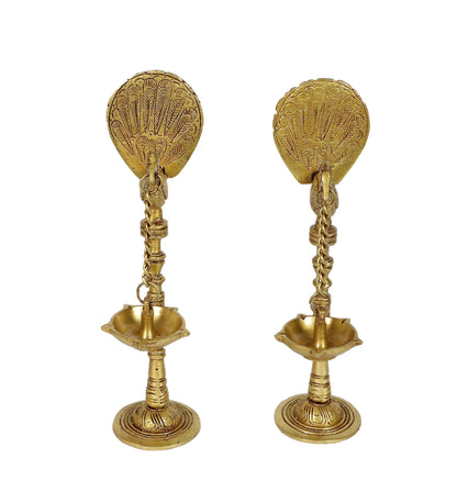 Brass Peacock Design 9 Inches Hanging Diya Pair, Antique Yellow
