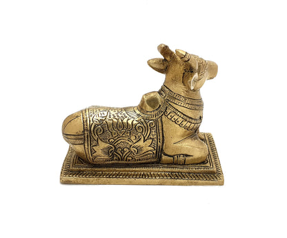 Lotus Engraved 5 Inches Brass Nandi Cow Over Base Statue