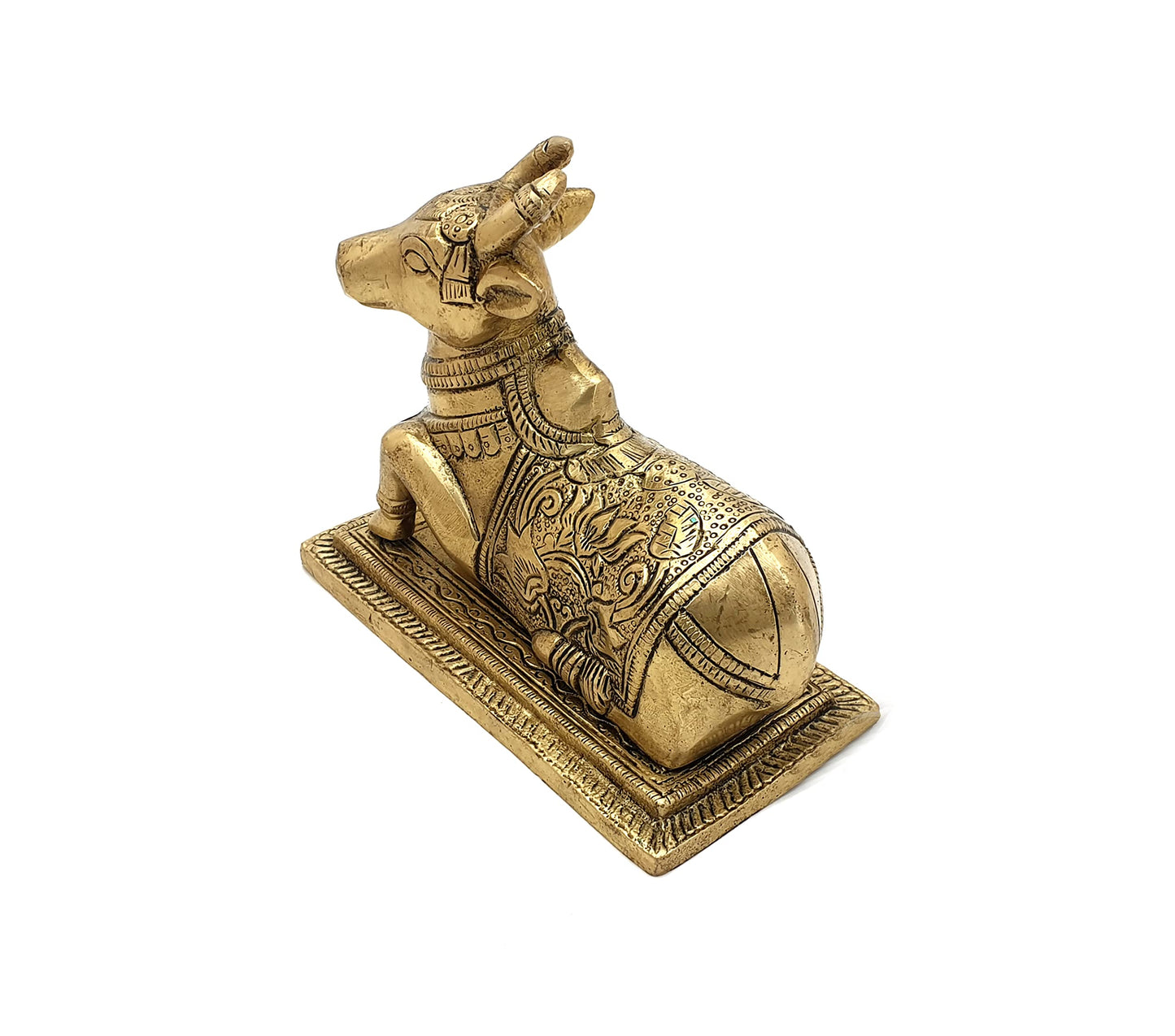 Lotus Engraved 5 Inches Brass Nandi Cow Over Base Statue