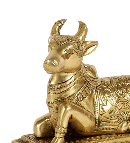 Lotus Engraved 5 Inches Brass Nandi Cow Over Base Statue