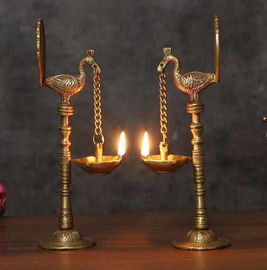 Brass Peacock Design 9 Inches Hanging Diya Pair, Antique Yellow