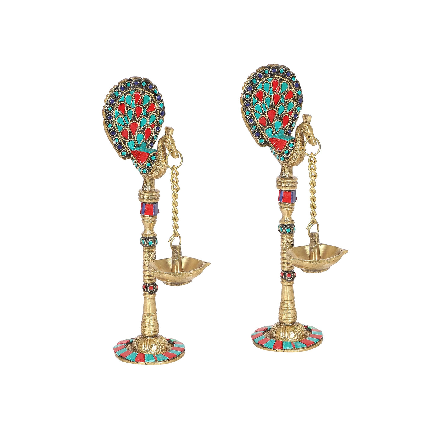 Gemstone Work Peacock Design 9 Inches Brass Hanging Diya Pair