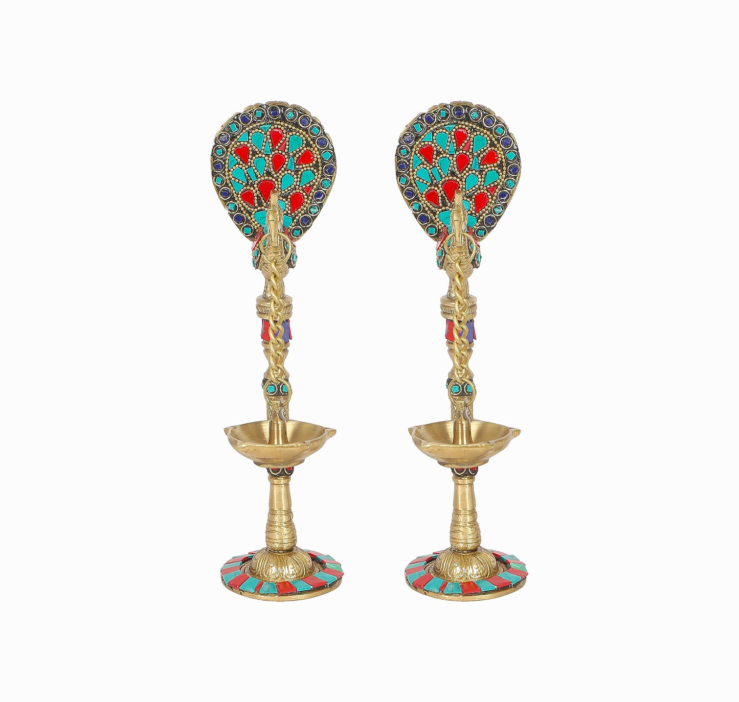Gemstone Work Peacock Design 9 Inches Brass Hanging Diya Pair