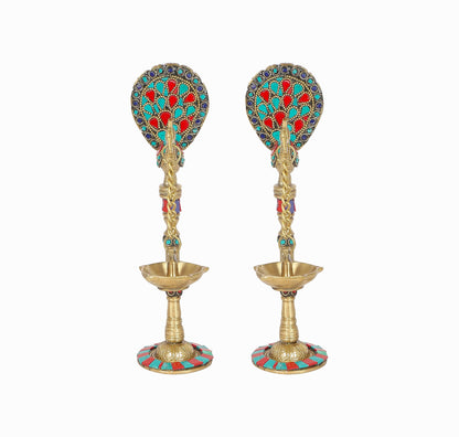 Gemstone Work Peacock Design 9 Inches Brass Hanging Diya Pair