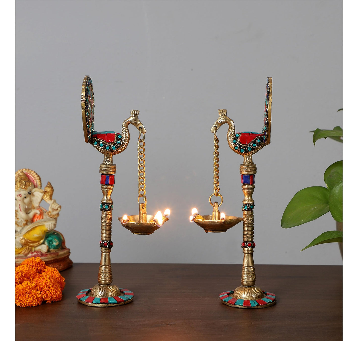 Gemstone Work Peacock Design 9 Inches Brass Hanging Diya Pair