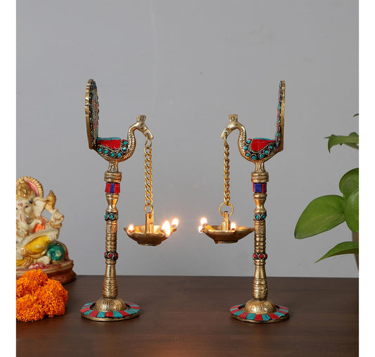 Gemstone Work Peacock Design 9 Inches Brass Hanging Diya Pair