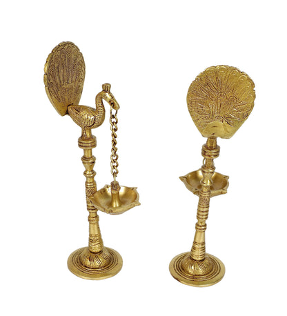 Brass Peacock Design 9 Inches Hanging Diya Pair, Antique Yellow