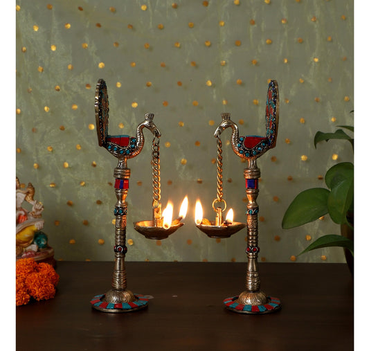 Gemstone Work Peacock Design 9 Inches Brass Hanging Diya Pair
